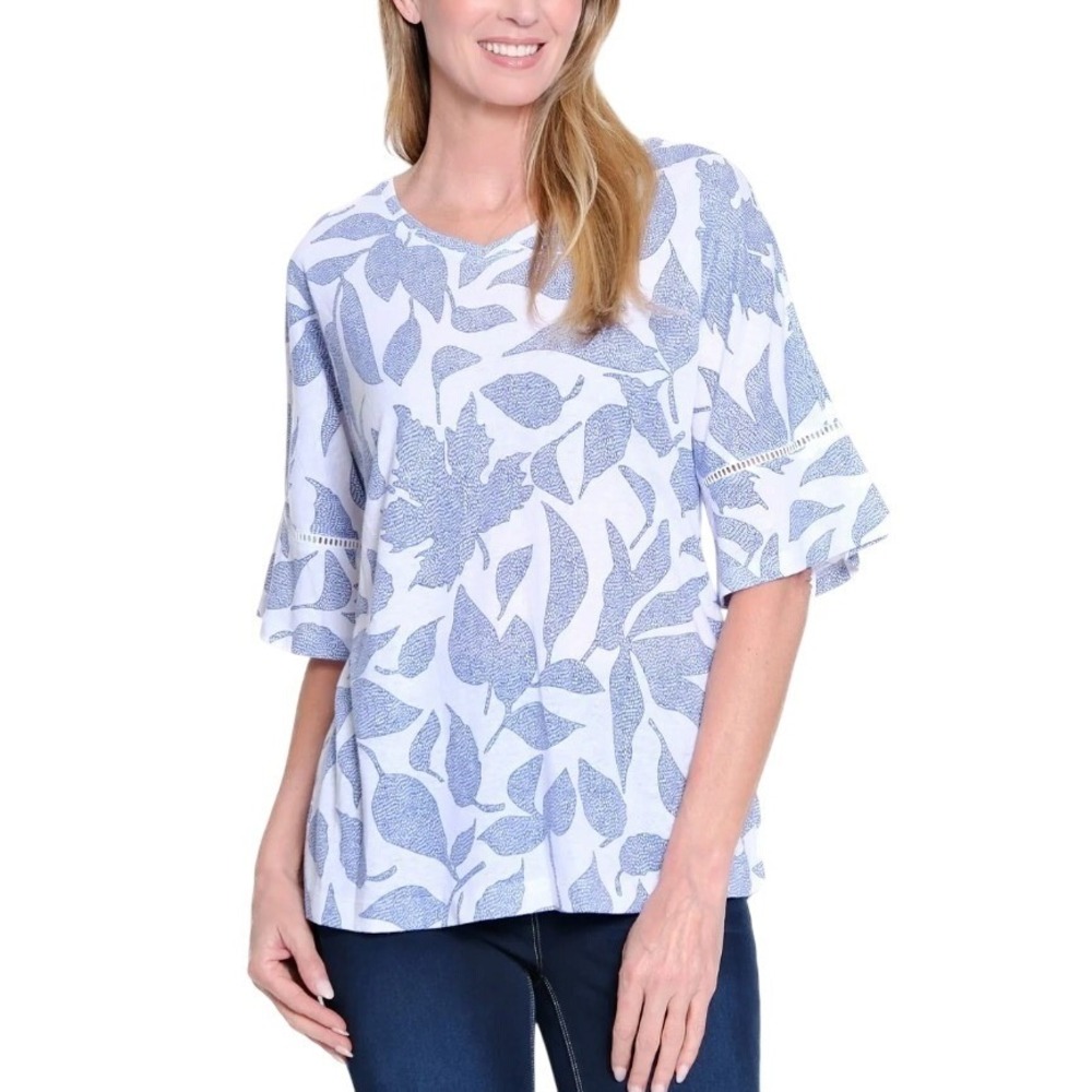 Ali Miles Womens Size Large Linen Tunic with Lace Inset Sleeves Blue NWT